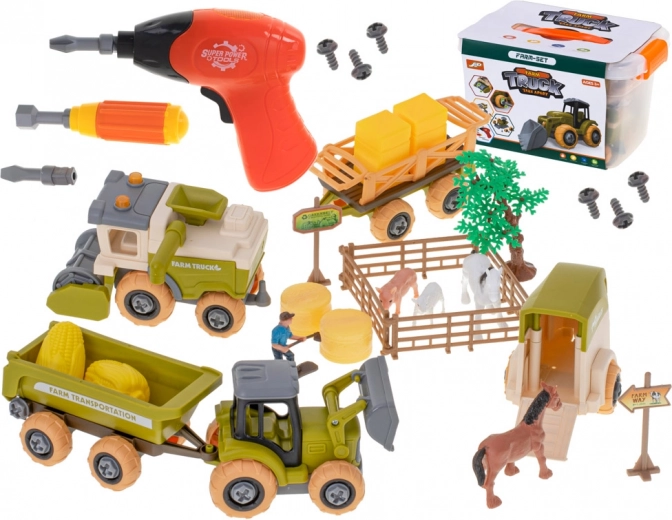 Farma bērniem – izjaucams traktors, kombains un dzīvnieki ar akumulatora urbjmašīnu