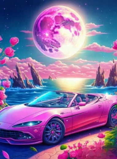 Dimanta gleznošana – kabriolets rozā paradīzē 30 × 40 cm