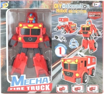 Saliekams skrūvējams robots – sarkans transformera kravas auto ar ekskavatoru