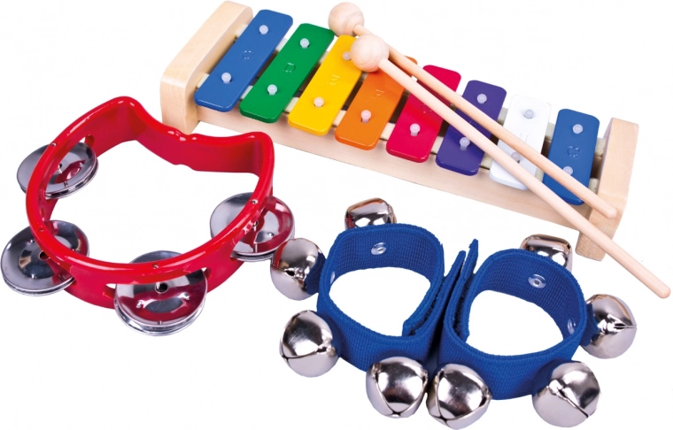BINO komplekts ar 3 mūzikas instrumentiem bērniem (ksilofons, tamburīns, zvaniņi)