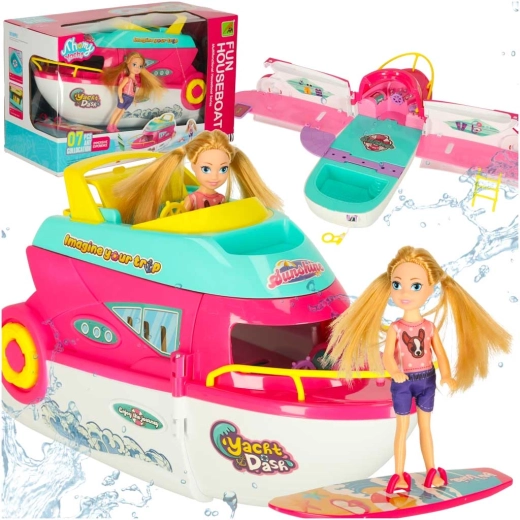 Folding party yacht for dolls with a motorboat and surfboard