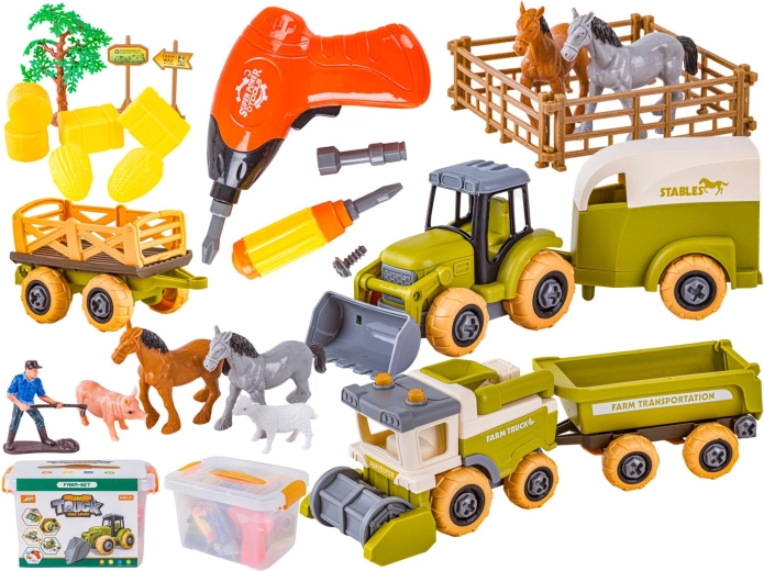 Saliekama mini ferma – traktors un kombains ar skrūvgriezi un dzīvnieciņiem
