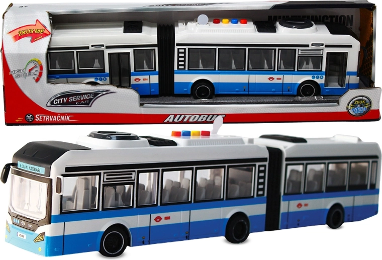 Šarnīrveida autobuss 1:16 zilā krāsā ar skaņām (inerces piedziņa)