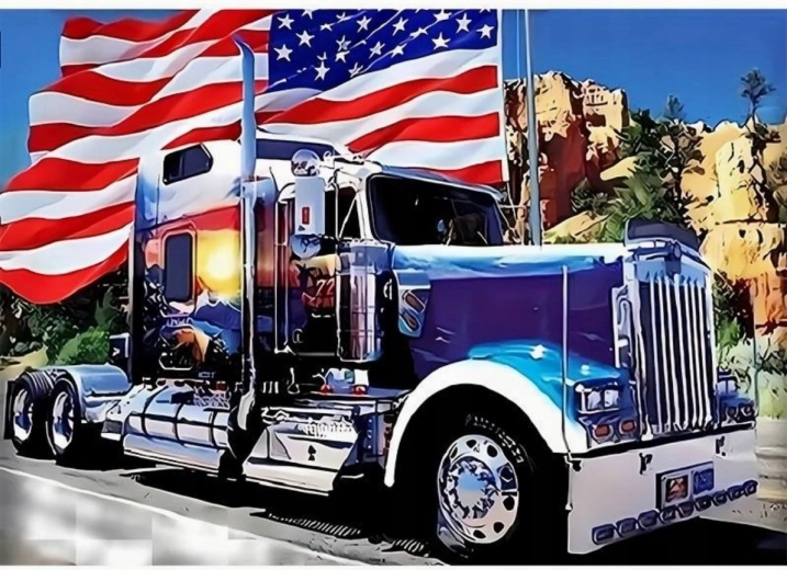 Dimantu gleznošana “Amerikāņu auto ar karogu” 30 × 40 cm