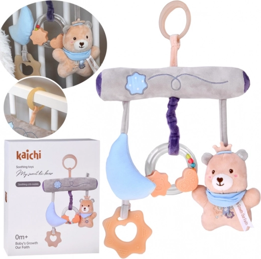 Hanging crib toy with teddy, teether and rattle