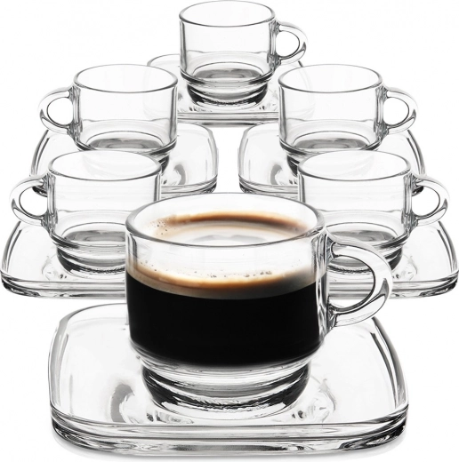 Stikla espresso tasītes ar kvadrātveida apakštasītēm 75 ml, komplekts 6 gab.