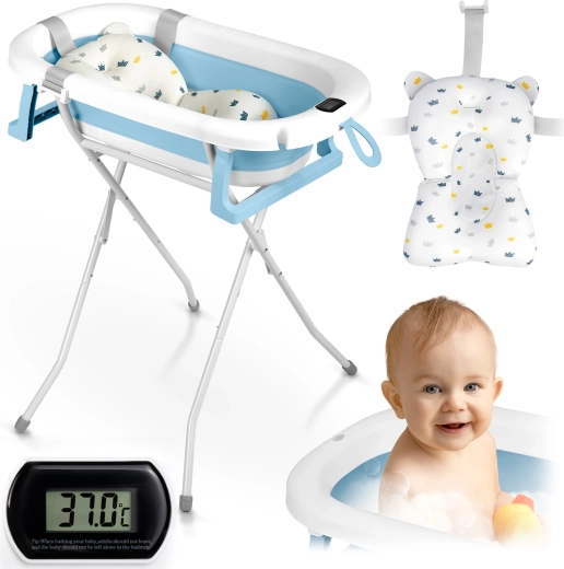 Folding baby bathtub with stand, thermometer and insert – white-blue