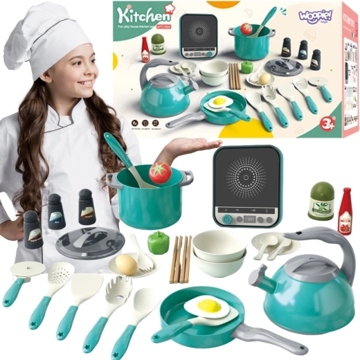 Woopie kitchen set for little chefs with induction cooktop, cookware and kettle - 30 pcs