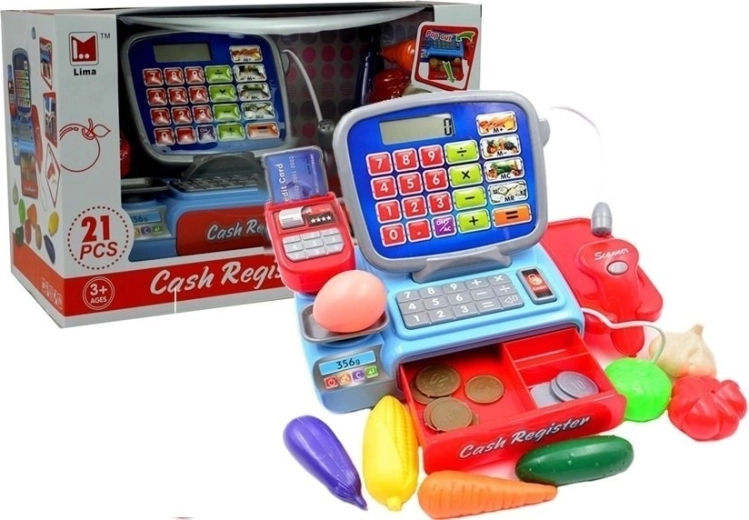 Kids’ cash register with scanner and calculator, with sounds and accessories