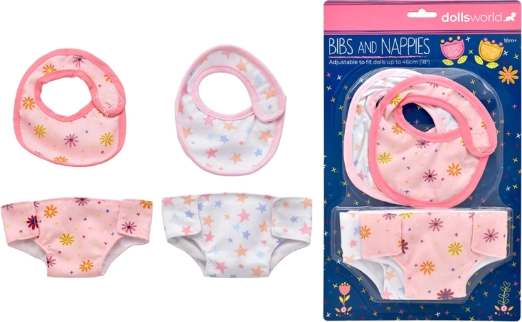Dolls World priekšautiņi un autiņbiksītes lellēm 46 cm