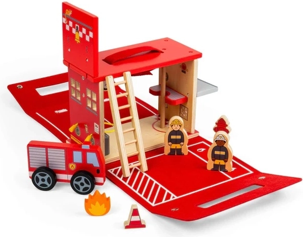 Bigjigs Toys pārnēsājama koka ugunsdzēsēju stacija