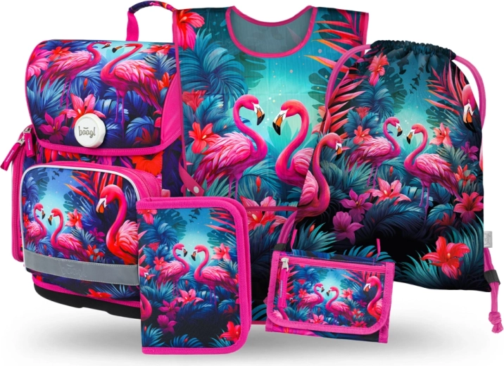 Skolas komplekts BAAGL Ergo Flamingo – skolas soma, penālis, maiss, priekšauts un kakla maciņš