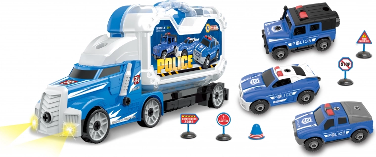 Policijas kravas auto ar 3 skrūvējamām mašīnītēm ar gaismas un skaņas efektiem 42 cm