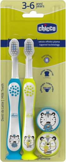 Chicco bērnu zobu birstīšu komplekts Hippo & Panda 3–6 gadiem, 2 gab.