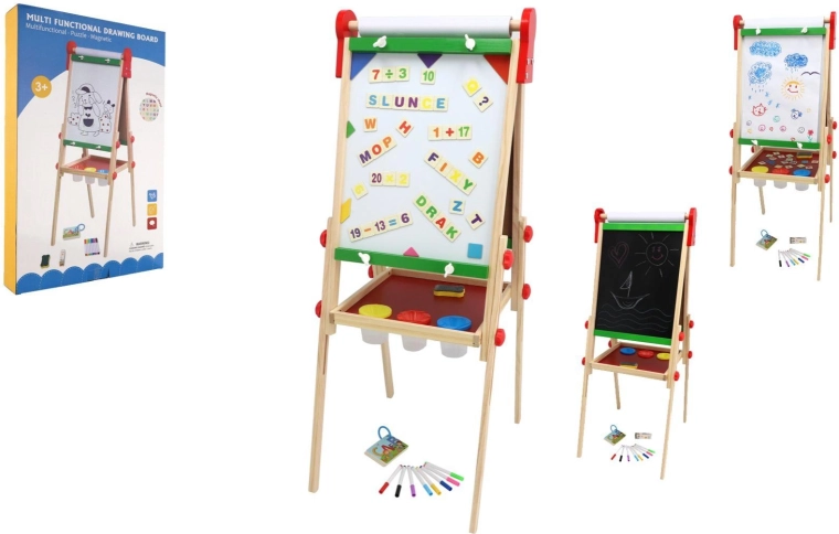 Divpusēja bērnu magnētiskā tāfele no koka ar papīra rulli un piederumiem 35 × 43 cm