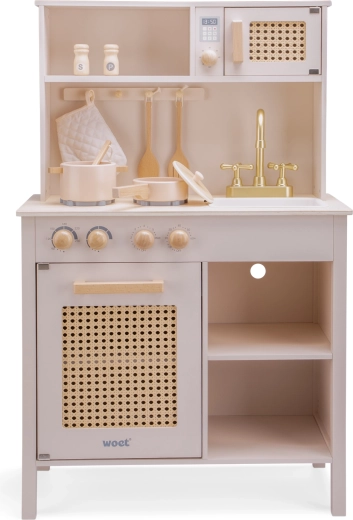 Pink wooden children's kitchen with rattan