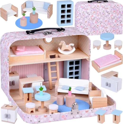 Floral dollhouse in a suitcase with wooden furniture