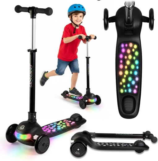 Children’s three-wheel balance scooter with LED lighting Ricokids Glowi – black