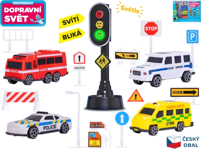Automašīnu komplekts ar ceļa zīmēm un luksoforu ar gaismu, 4 gab.