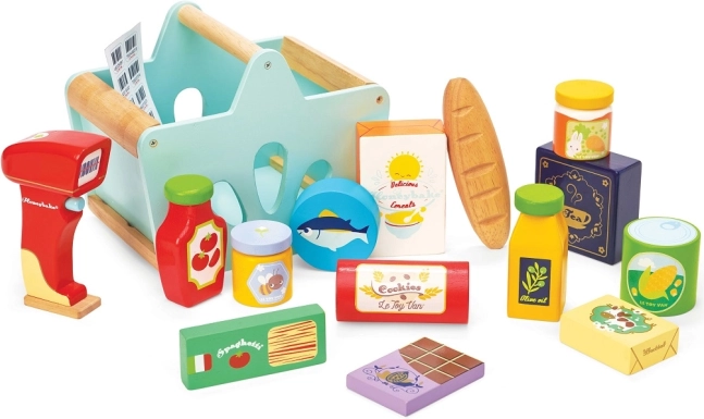 Le Toy Van wooden basket with groceries and scanner