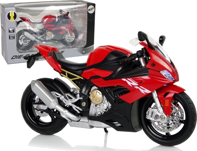 Metāla BMW S1000RR motocikla modelis sarkanā krāsā ar gaismām un skaņām