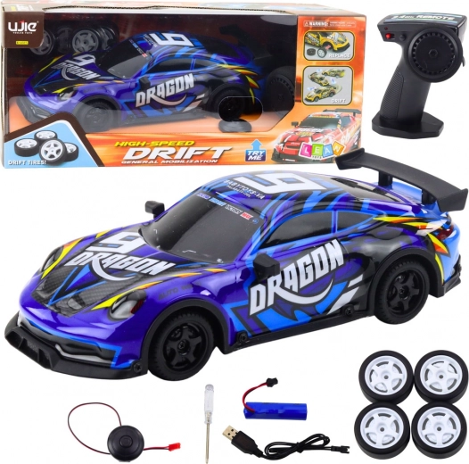 RC sporta auto ar izgaismotu virsbūvi un driftu – zils
