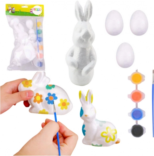 Painting Set for Polystyrene Easter Decorations Bunny and 3 Eggs with Paints