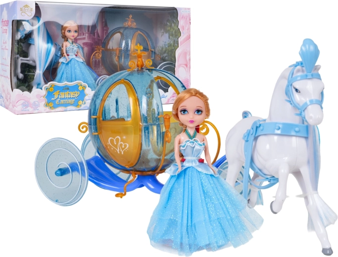 Zila pasaku kariete ar baltu zirgu un mazas princeses lelli - 1 gab.