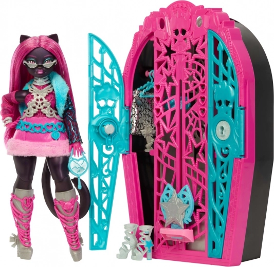 Monster High Spocīgā noslēpumi Catty Noir – rotaļlieta ar drēbju skapi un pārsteigumiem