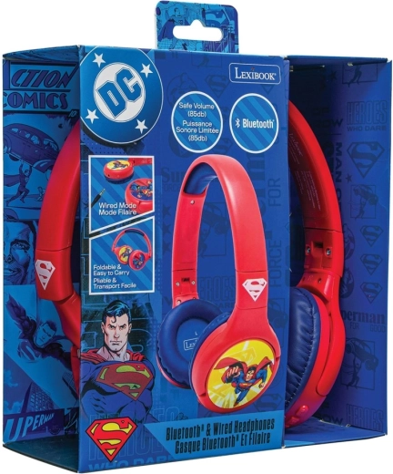 Bērnu Bluetooth austiņas 2 vienā ar skaļuma ierobežojumu SUPERMAN – salokāmas, ar vadu un bezvadu