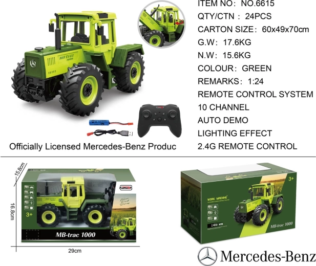 Tālvadības zaļais Mercedes-Benz traktors, mērogs 1:24