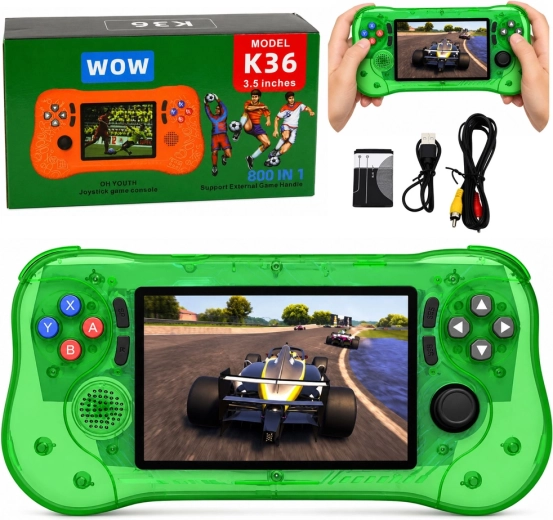Portable retro gaming console K36 with 800 built-in games, transparent green