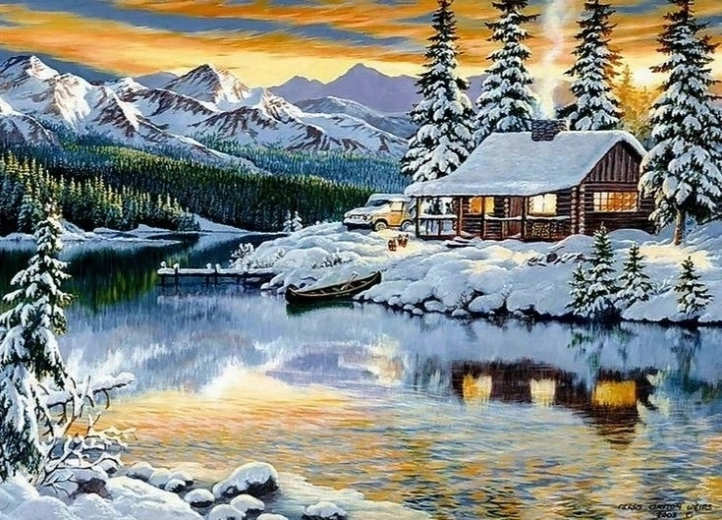 Norimpex Gleznošana pēc numuriem Sniegota mājiņa pie ezera 40 × 50 cm