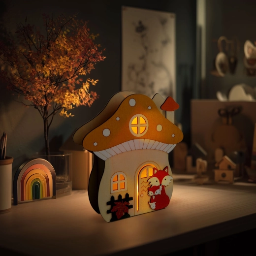 Illuminated wooden mushroom house decoration with a fox