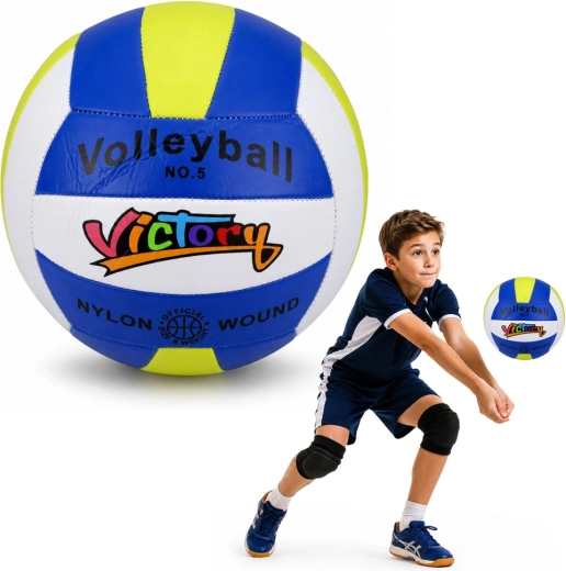 Treniņu volejbola bumba zilā–baltā–dzeltenā krāsā, 5. izmērs (22 cm)