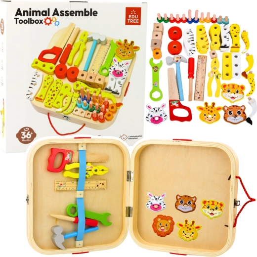 Wooden Little Handyman Set in a Case with Animals, 59 Pieces