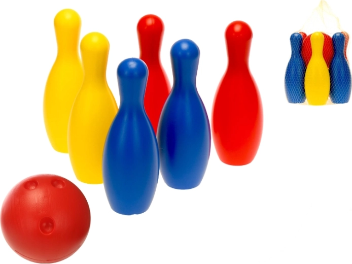 Plastic bowling set for kids 19 cm with 6 pins and a ball in a net