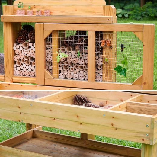 Bug hotel with mesh attracts small garden dwellers