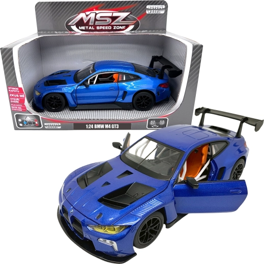 Metāla modelis 1:24 BMW M4 GT3 zilā krāsā ar gaismām un skaņām