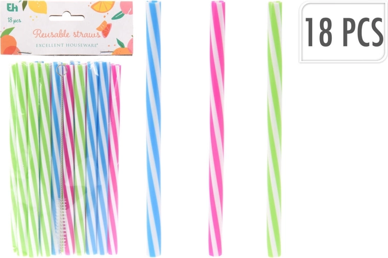 Atkārtoti lietojami plastmasas salmiņi 10 × 180 mm, krāsu mikss + tīrīšanas birstīte (18 gab.)