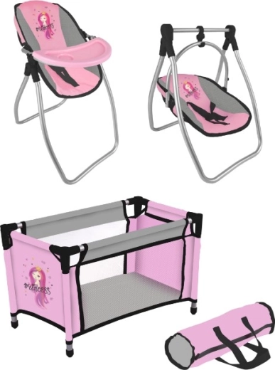 Leļļu komplekts Princess Pink Grey – ceļojumu gultiņa un 2‑vienā barošanas krēsliņš ar šūpulīti