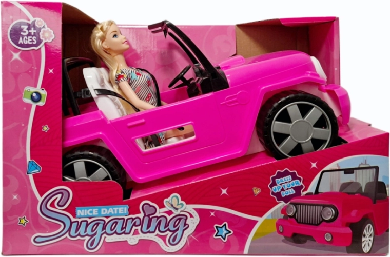 Automašīna lellei ar lelli – kabriolets tumši rozā krāsā