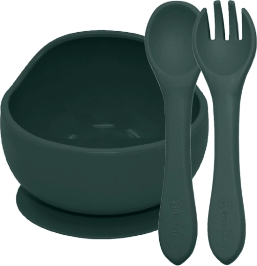 Petite&Mars silicone feeding set Take&Match misty green – suction bowl and cutlery 6m+