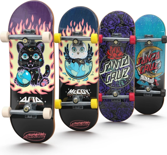 Four Santa Cruz mini skateboards