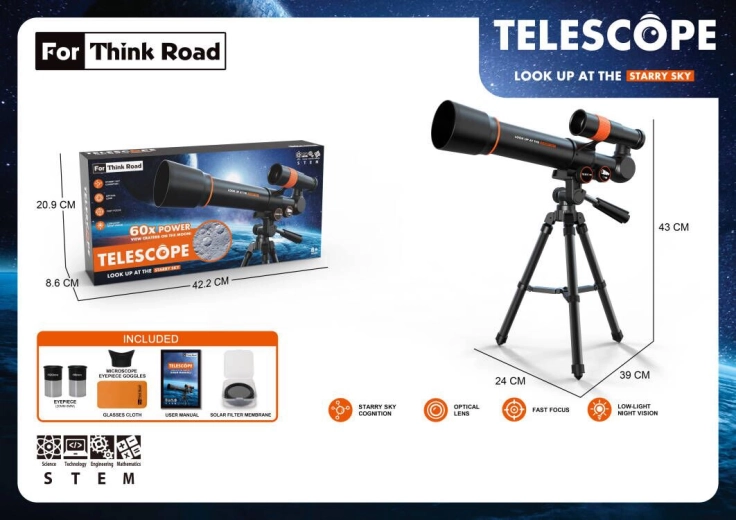 Sparkys astronomiskais teleskops bērniem ar piederumiem 60x, melns