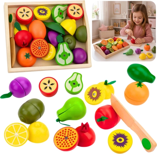 Wooden magnetic cuttable fruit set with safe knife and box