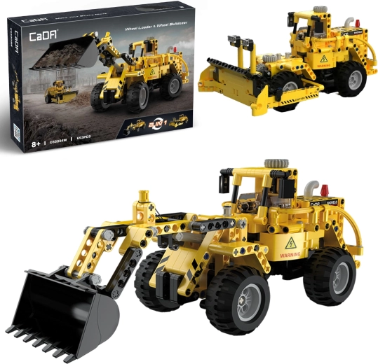 CaDA Building Blocks Yellow Construction Vehicles 2-in-1 Loader and Bulldozer