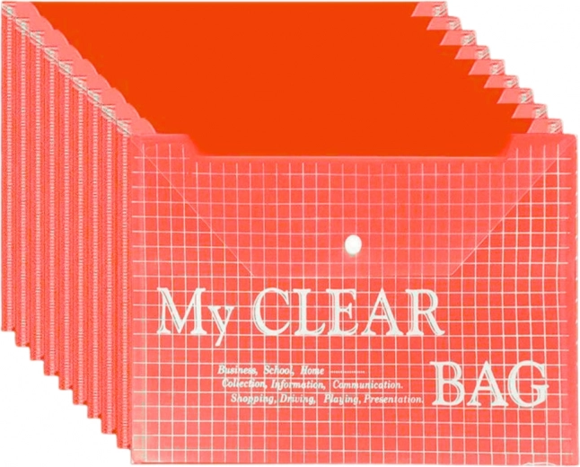 Clear A4 document envelope with snap closure, red, 20 pcs