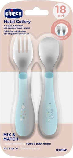 Chicco nerūsējošā tērauda karote un dakšiņa, teal, no 18 mēnešiem