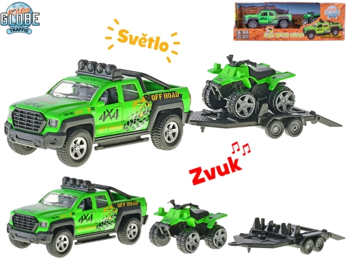 Kids Globe Traffic auto ar piekabi un kvadriciklu, metāla modelis 13 cm ar gaismām un skaņām